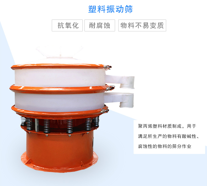 塑料振動篩是采用聚丙烯材料制成的，可以用于酸堿性，腐蝕性物料的篩分作業